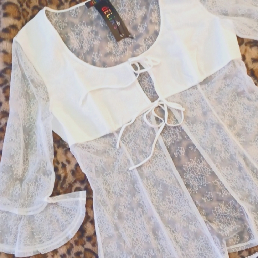 DOLLSKILL DELIA'S XXL WHITE TIE FRONT SHEER SLEEVES SHEER BACK  SOLID SKIRT - Picture 2 of 16